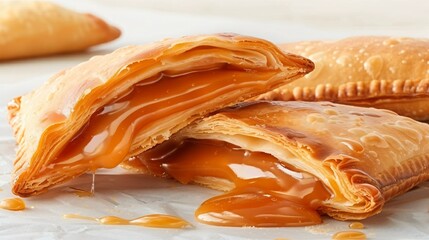 Handcrafted puff pastry turnovers filled with gooey caramel, baked to golden perfection with a glossy finish.