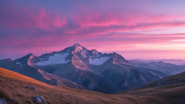 Dreamy mountain landscape at sunset with pink skies