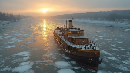 Fototapeta premium Frozen River Sunrise Steamboat