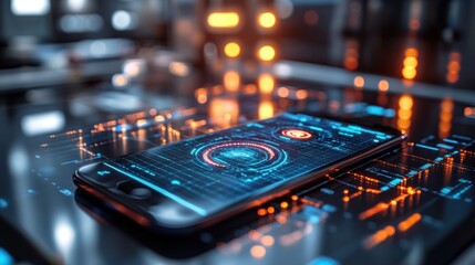 Futuristic phone displaying holographic interface on tech desk in server room