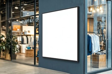 Mockup Blank billboard on the wall near entrance door of casual clothes shop, Empty space for insert media advertisement, discount, special price and promotion at front of clothes showroom