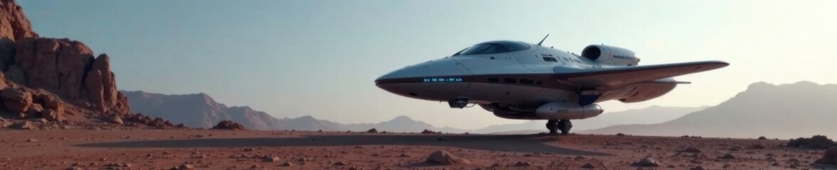 Spacecraft standing alone on a barren surface with sleek metallic lines and glowing blue lights , sci-fi, space