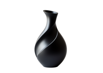 Stylish black vase with a curvy artistic form isolated on a transparent background