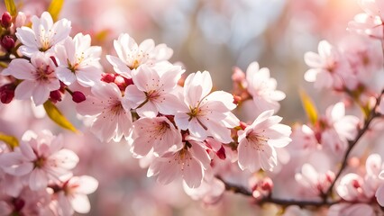 Obraz premium Close-up delicate pink cherry blossoms full bloom, bathed warm springtime sunlight.
