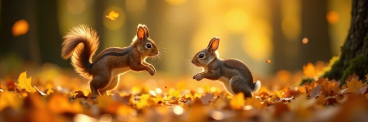 Obraz premium Squirrel and rabbit friends jumping in fallen leaves, fun, nature