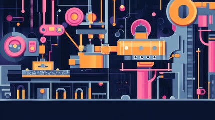 Obraz premium Colorful futuristic factory interior with complex machinery