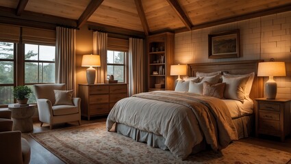 Relaxing cozy bedroom with wooden accents and plush pillows