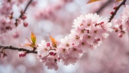 Obraz premium Close-up delicate pink blossoms a branch springtime. Soft focus background.