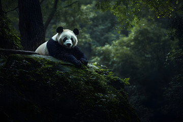Obraz premium Giant Panda Rests on Rock, Serene Forest