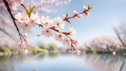 Pink cherry blossoms full bloom a branch, gently reflected a tranquil lake. Springtime serenity.