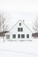 A picturesque white house blanketed in snow, featuring charming green windows, rests peacefully within a tranquil winter landscape under a cloudy sky