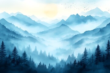 A serene painting depicting mountains surrounded by misty forests
