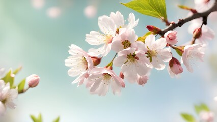Obraz premium Close-up delicate pink cherry blossoms blooming a branch against a soft blue sky.