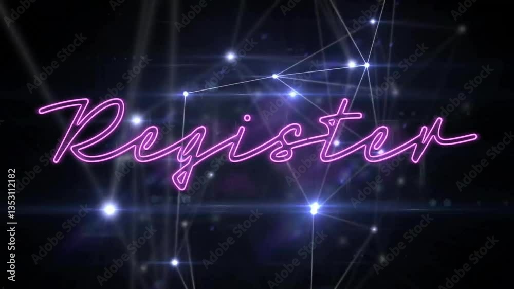 Poster glowing neon animation of register text over network of interconnected lines