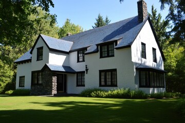 Obraz premium A delightful white house featuring a blue roof is gracefully nestled among vibrant greenery, basking in the warmth of a sunny day within a peaceful environment