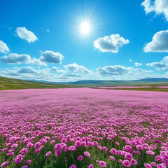 Fototapeta premium Sunny Pink Flower Field, Hilly Landscape, Spring