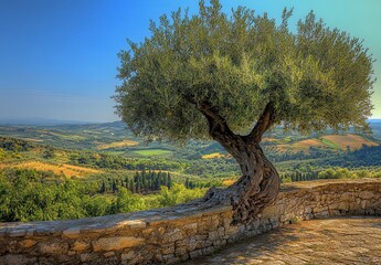 Fototapeta premium Olive tree overlooking a picturesque valley with blue skies, rolling hills, and lush green fields in a serene landscape setting