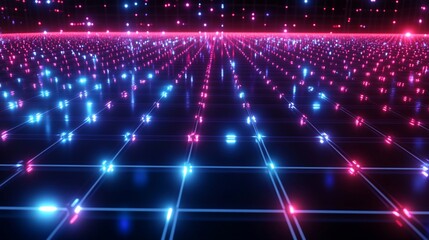 Obraz premium Abstract glowing grid pattern with pink and blue lights on a dark background