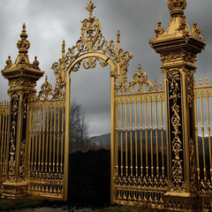 Ornate golden gate, park entrance, coal pile background, gloomy sky, environmental contrast, stock photo
