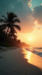 Vintage toned film style photo of a palm tree-lined beach at dusk with soft focus and warm colors, beach, warm colors