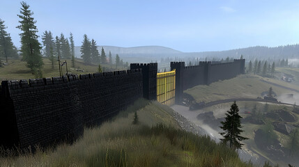 Medieval castle gate, valley landscape, morning mist, defensive structure, historical game background