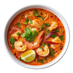 Spicy Tom Yam Kung soup with shrimp and fresh herbs served in a bowl on Transparent background, Tom Yam Kung Thai cuisine isolated on PNG background