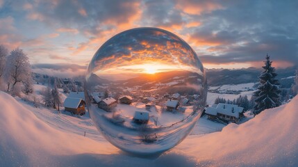 Winter Wonderland Through a Crystal Ball: Sunset Over Snowy Village Scene