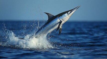 Striking blue marlin leaping from ocean, splashing water.