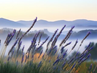 Obraz premium A photograph of tall lavender plants swaying in the foreground, with distant hills and foggy mountains in the background