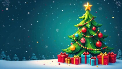Whimsical cartoon Christmas tree filled with colorful gifts and shiny balls for a lively atmosphere, whimsy, tree
