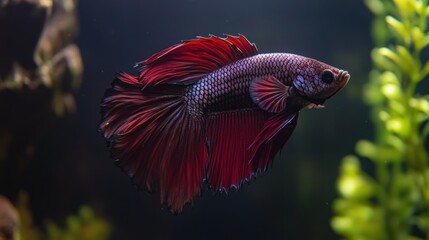 Red betta fish in aquarium with aquatic plants