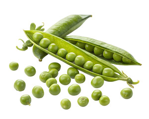 fresh green peas in pods and scattered around a transparent background
