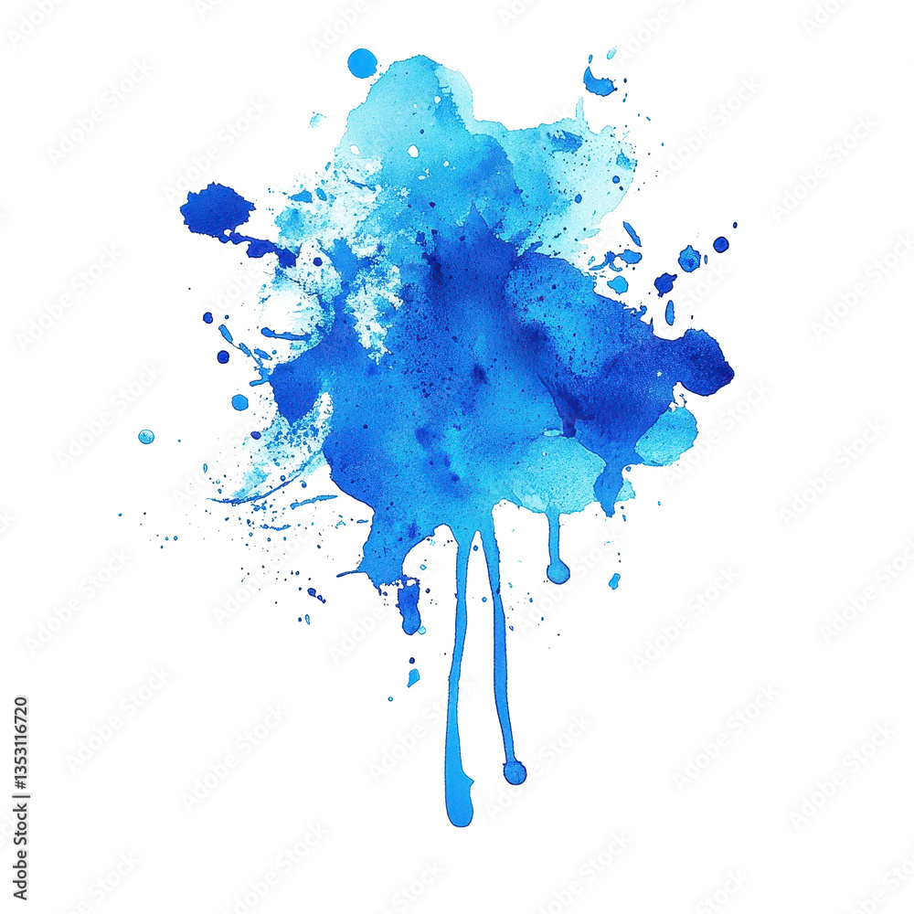 Poster Blue paint splatter on white background creating an artistic splash effect, Blue  stains isolated on white background