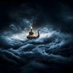 Magic lamp floating on dark clouds, night sky background, fantasy illustration, ideal for storytelling