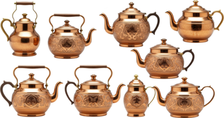 Collection of Ornate Copper Teapots and Kettles with Intricate Designs