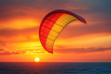 Kitesurfing kite soaring at ocean sunset with vibrant sky