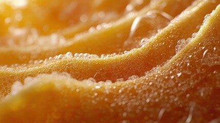 Close-up of citrus peel, wet, with water droplets, sunlight reflecting