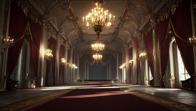 Luxurious regal hall interior with chandeliers, red drapes, and a long pathway