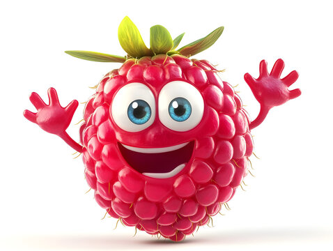 A smiling raspberry with big cartoon eyes and tiny arms, waving happily, cute and colorful, white background