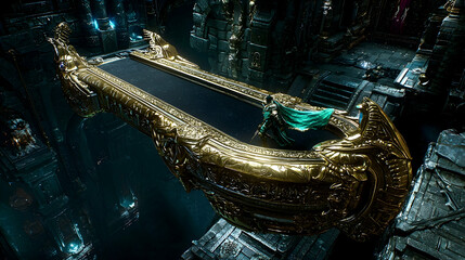 Warrior on ornate golden bridge, dark fantasy city backdrop, cinematic game scene, promotional use