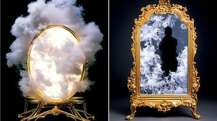 Mystical mirrors smoke and light effects, ornate frames, dark background.  Conceptual art for fantasy, magic, or mystery themes