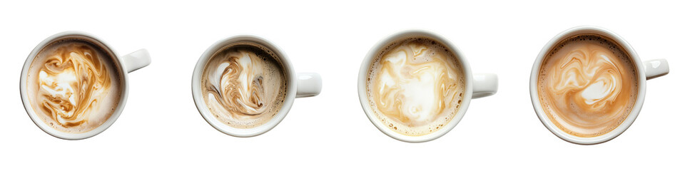 Four white ceramic coffee mugs displaying different latte art designs, creamy swirls from an overhead perspective.