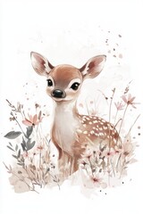 A Charming Watercolor Painting Depicts A Young Deer In A Meadow