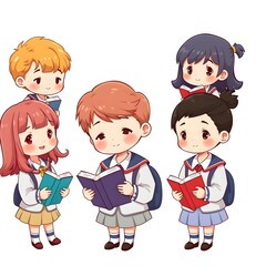 cute chibi school kids.adorable school children illustration.
cartoon students reading books.happy children in school uniform.education cartoon characters
