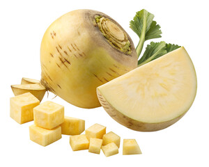A whole rutabaga with a slice and cubed pieces alongside leaves on a transparent background