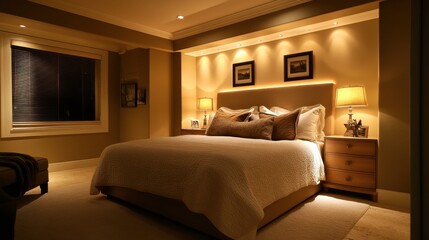 Cozy and Warm Bedroom Interior with Soft Lighting and Decor