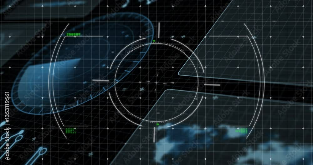 Poster animation of futuristic digital interface with circular target and grid overlay
