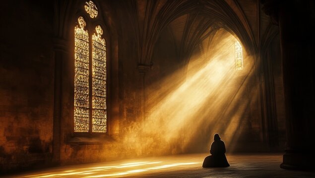 Praying figure in ancient cathedral, light rays