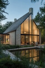 A contemporary architectural masterpiece featuring a stunning glass-fronted house, elegantly set against the backdrop of a peaceful landscape at dusk