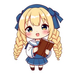 Title: cute chibi school kids.adorable school children illustration. cartoon students reading books.happy children in school uniform.education cartoon